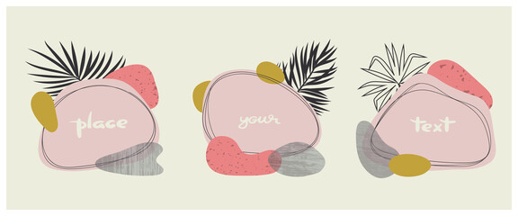 Set of abstract print with plants and geometric shapes. Minimal trendy vector illustration. Posters design.