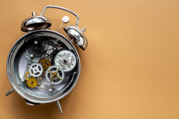 Macro detail of watch mechanism with gears and wheels closeup