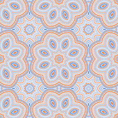 Islamic ethnic geometric vector seamless motif. Wallpaper patchwork design. Cute azulejo ornament. Floor decor design. Flower and leaves elements texture.