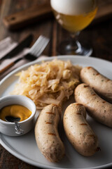 Traditional Bavarian dish: sausages with cabbage and unfiltered beer.