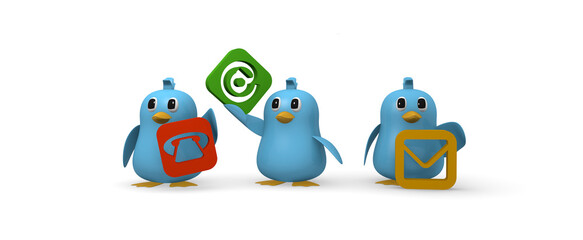 Cute blue bird character with contact icons, 3d rendering