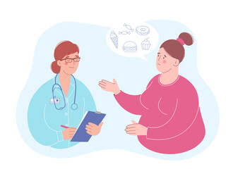 Nutritionist advises an overweight woman, asks her questions about nutrition. Makes her healthy eating plan. Concept of healthy lifestyle and proper nutrition.