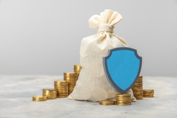 Money bag and a stack of gold coins with a shield. Savings insurance concept
