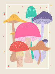 Vector poster with painted mushrooms. Psychedelic banner with colorful mushrooms. Illustration for room interior decor, textile print. 