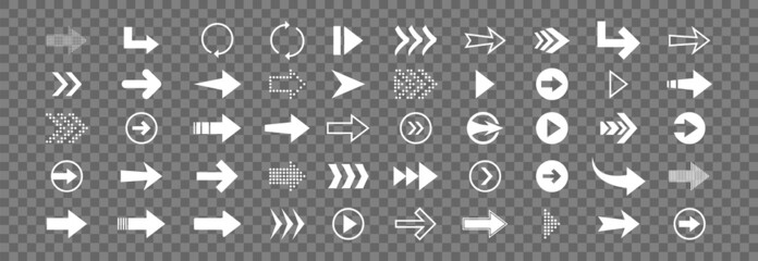 Arrow white icon set in flat. Cursor line button. Vector illustration for web, on a transparent background