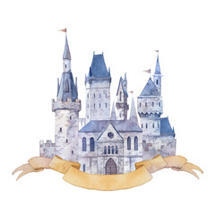 Obraz premium Watercolor fantasy castle. Cartoon kingdom with ribbon. Fairytale illustration isolated on white background