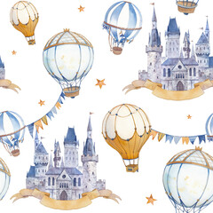Fototapety  Watercolor seamless pattern with fairytale castle and air balloons. Dream like vintage texture with stars, flags banner on white background.
