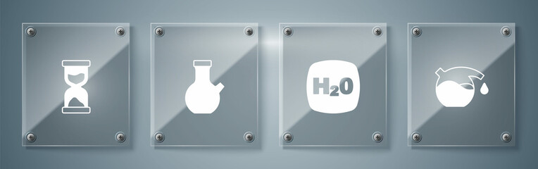 Set Test tube, Chemical formula H2O, and Old hourglass. Square glass panels. Vector