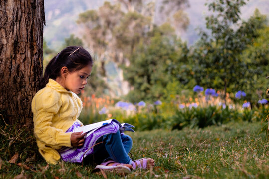 Una niña se sienta al aire libre bajo un árbol y lee un libro. Hermosa niña, sentada en el césped con un libro,