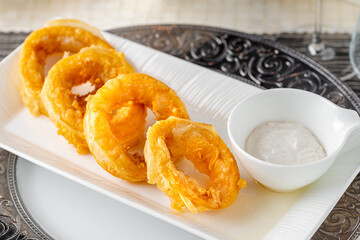 Delicious calamari on a white porcelain plate with salad and sauce