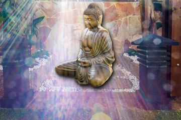 Rayons de lumière sur statue de bouddha 