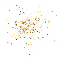 A mixture of different spices and herbs isolated on white background. Spice mix of garlic, onion, parsley, oregano, red paprika.