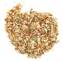 A mixture of different spices and herbs isolated on white background. Spice mix of garlic, onion, parsley, oregano, red paprika.