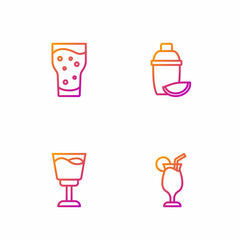 Set line Cocktail, Wine glass, Glass of beer and shaker with lime. Gradient color icons. Vector
