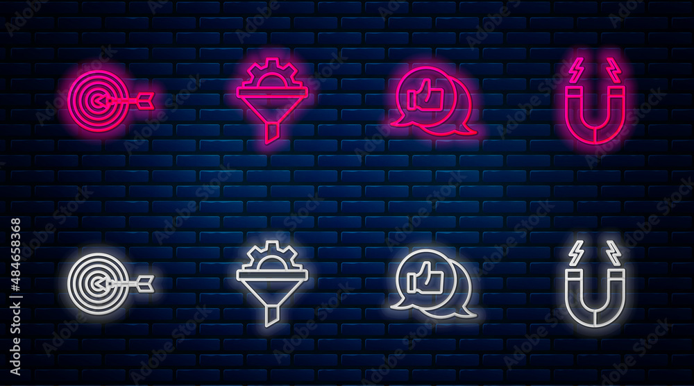 Wall mural Set line Sales funnel with gear, Customer product rating, Target and Magnet. Glowing neon icon on brick wall. Vector