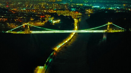 Clifton Suspension Bridge from the skies during the night time