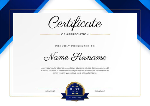 Blue and gold certificate of achievement border template with luxury badge and modern line pattern. For award, business, and education needs