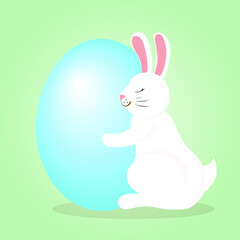 A cute white bunny hugging an egg, a sweet Easter rabbit holding a huge egg