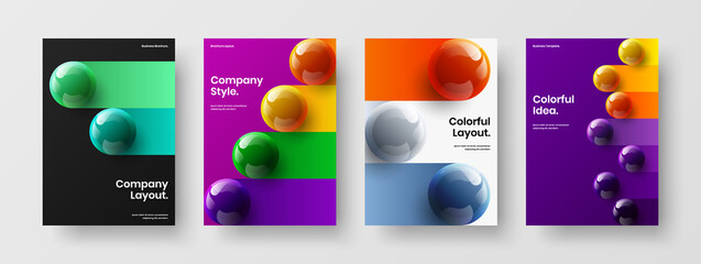 Bright front page A4 design vector concept collection. Minimalistic 3D balls corporate cover illustration bundle.