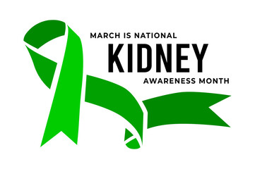 National Kidney Month. Illustration with green ribbon on light grey