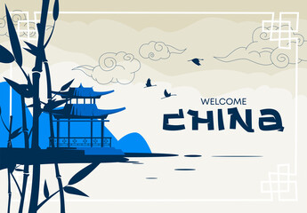 vector illustration of the classic appearance of a Chinese building on a lake with national decorative elements of culture, silhouette of a bamboo grove, welcome to China