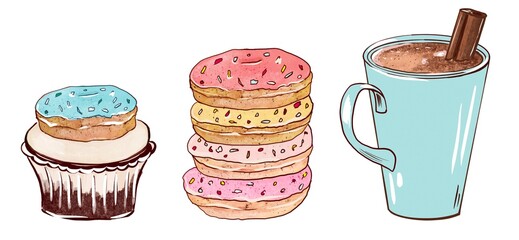 Cup of coffee with cupcakes and donuts. Cartoon style isolated on white background