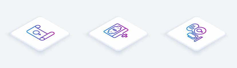 Set Isometric line Feminism, Money growth woman and Microphone. White square button. Vector