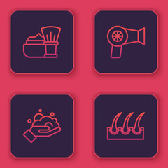 Set line Shaving brush with foam, on hand, Hair dryer and Human hair follicle. Blue square button. Vector