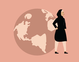 Feminist Arab middle east woman standing next to the world globe and looks confident. Happy international activist and feminism day. Woman's empowerment, environment conservation or save the earth day