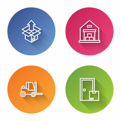 Set line Unboxing, Warehouse, Forklift truck and Home delivery services. Color circle button. Vector