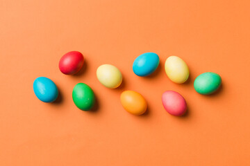 holiday preparation Multi colors Easter eggs on colored background . Pastel color Easter eggs. holiday concept with copy space