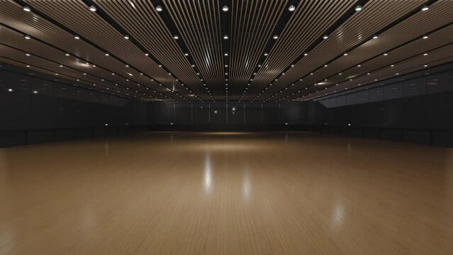Motion Empty convention hall center .The backdrop for exhibition stands,booth elements. Meeting room for the conference.Big Arena for Entertainment,concert,event.museum.Animation loop 4k.3d render.