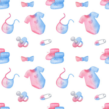 Children's seamless pattern for a gender-neutral newborn. Watercolor children's clothing for twin babies on a white background. Unisex Cartoon Print for Baby Fabric, Paper, Scrapbooking, Baby shower