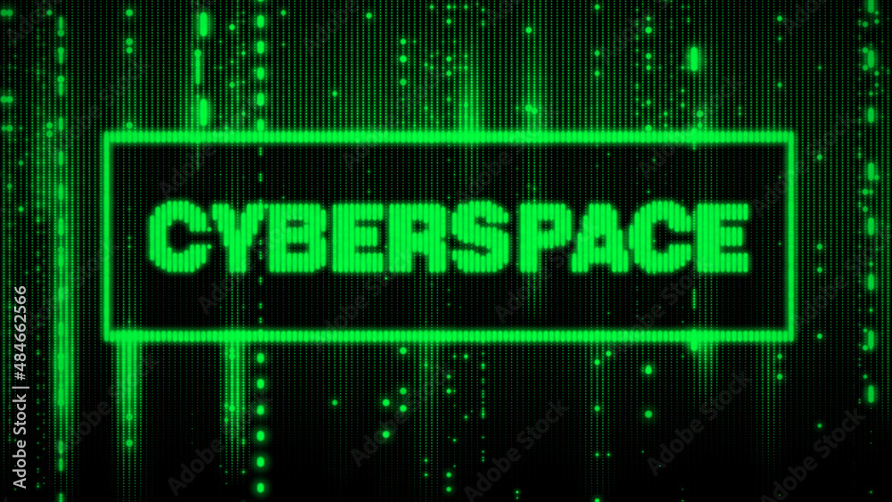 Poster Abstract green futuristic background with cyberspace inscription, stream of lights. Matrix backtop with digits. The concept of coding and hacker. Falling numbers. 3d rendering