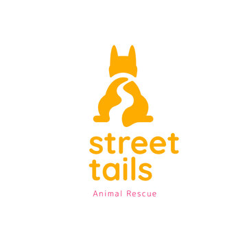 Dog tails logo with street on negative space. Dog logo for rescue animal business