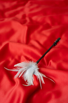 Accessories for bdsm - feather tickler on a red satin fabric background. Valentine's Day.