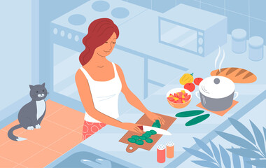 A young woman prepares a homemade dinner in the kitchen. Cuts vegetable salad. Isometric style. Vector cartoon cute illustration