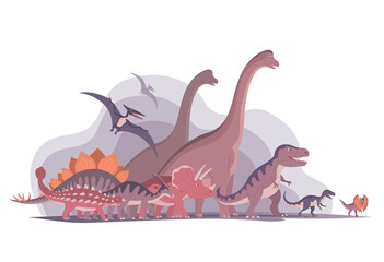 Group of dinosaurs on a white background. Herbivorous and carnivorous lizards. Tyrannosaurus, brachiosaurus, pteranodon, triceratops. Jurassic animals. Cartoon illustration © Mikhail