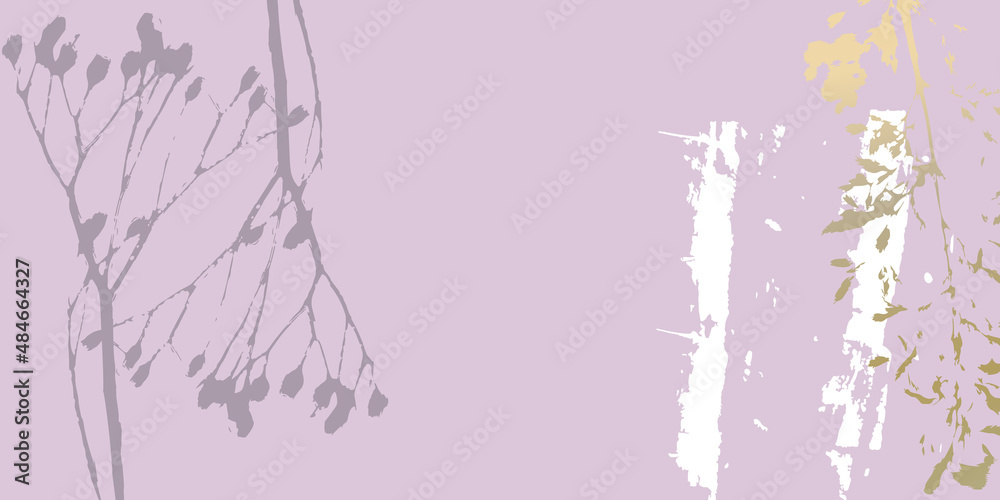 Poster abstract botanical background with realistic plants, paint strokes and golden texture. isolated shap