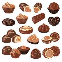 A set of chocolates of various flavors. Vector illustration isolated on white background. For postcards, invitations, shop, cafe, banner, advertising.