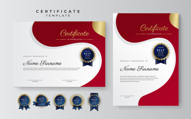 Luxury certificate of appreciation template with red and gold color, multipurpose certificate border with badge design. Elegant red and gold diploma certificate template