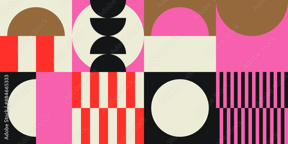 Fototapete Modern vector abstract  geometric background with circles, rectangles and squares  in retro scandinavian style. Pastel colored simple shapes graphic pattern. Abstract mosaic artwork.