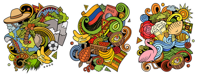 Ecuador cartoon vector doodle designs set. - obrazy, fototapety, plakaty