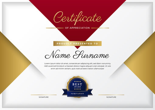 Luxury certificate of appreciation template with red and gold color, multipurpose certificate border with badge design. Elegant red and gold diploma certificate template