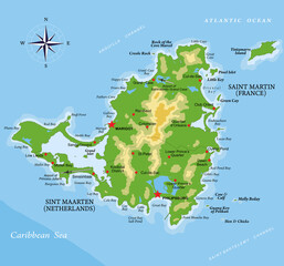 Saint Martin island highly detailed physical map - 484665574