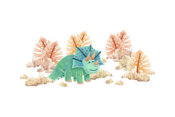 Obraz premium collection of watercolor illustration (cute turquoise dinosaurs) on isolated background. For stationery design (postcards, calendars, notebooks, booklet etc.), clothing print, etc., phone case design 