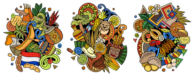 Paraguay cartoon vector doodle designs set.