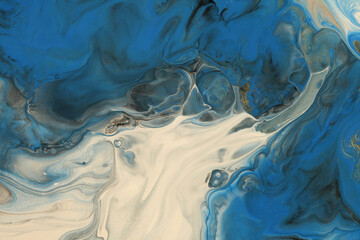 Abstract flow acrylic and watercolor pour flow marble blot painting. Color bronze and blue wave copy space smoke horizontal texture background.