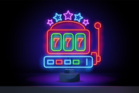 Neon gaming slot machine 777. Neon sign design. Vector game machine. Design lettering Jackpot. Gambling game, lucky chance, random, lucky number
