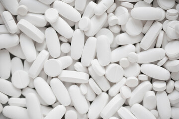 Blured ssorted white tablets background. Medication and healthcare concept. Close up, top view. Selective focus